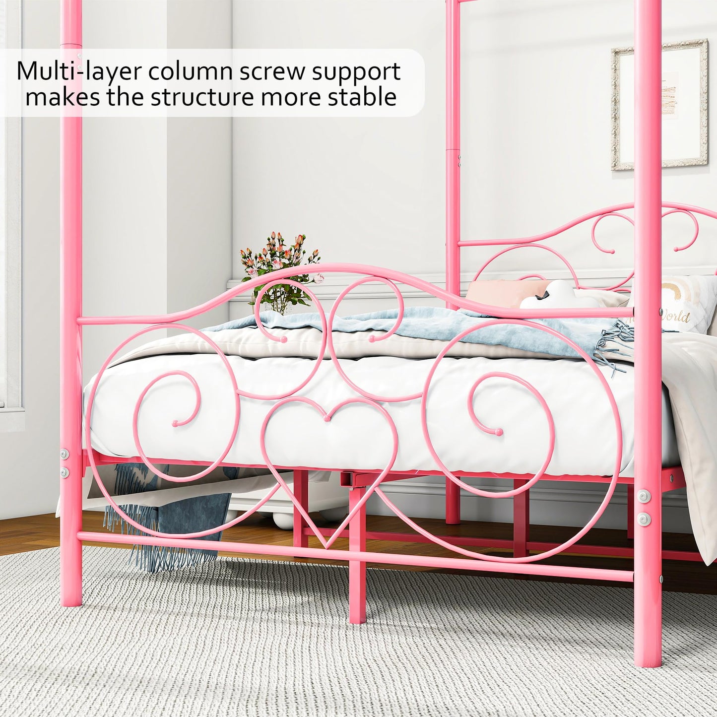 HAHRIR Double Canopy Bed Frame with Vintage Headboard & Footboard, Pink