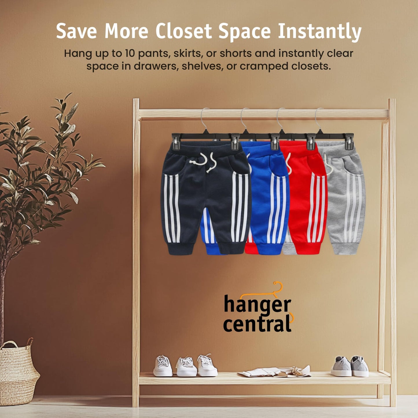 Hanger Central 30 Pack Space Saving Heavy Duty Slim Plastic Trouser Hangers Ribbed Non-Slip with Clamp Clips 360 Swivel Chrome Swivel Hook 10/12/14