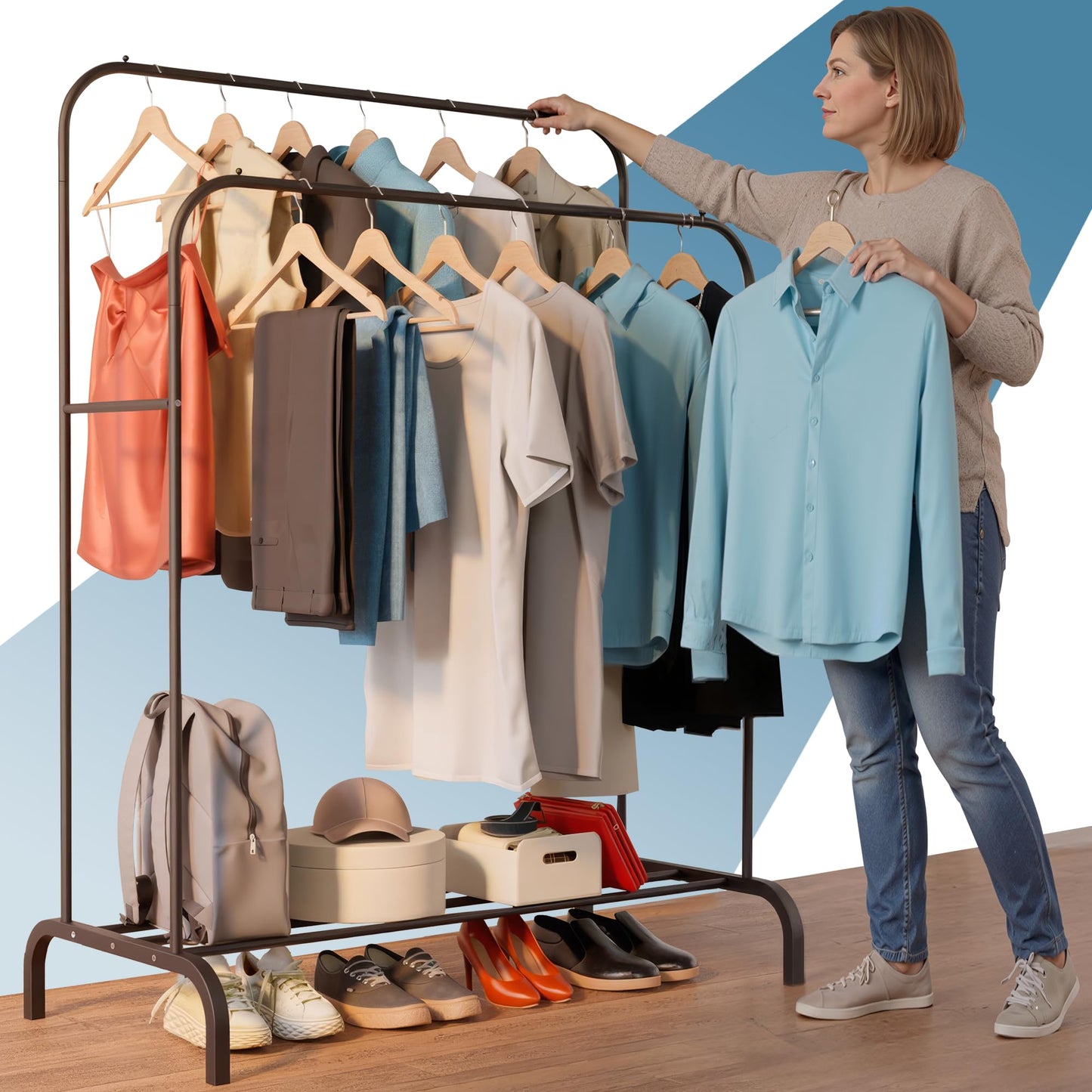 PORTENTUM Heavy Duty Steel Clothes Rack - Up to 35 kg - Double Bar Organizer and Shoe Rack - Free Standing Coat Racks with Non-Slip Feet