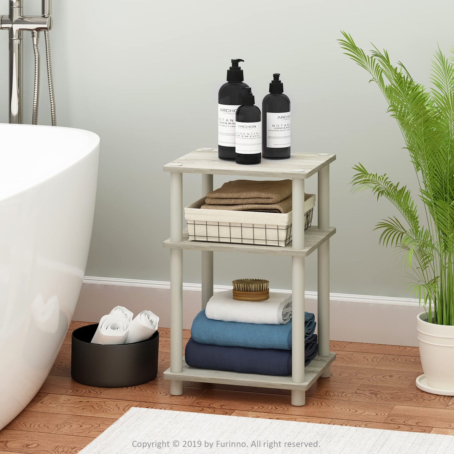 Furinno JUST Side Table, 3-Tier End Table, Open Shelves Night Stand, Bedside Table, Toolless Assembly, for Living Room, Bedroom, Sonoma Oak
