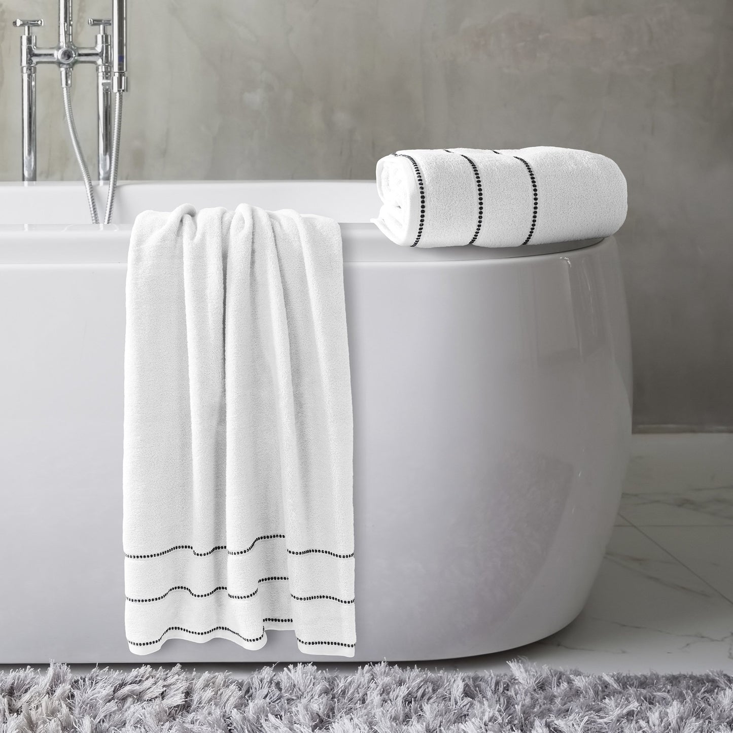 Luxury Cotton Towel Set- 2 Piece Bath Sheet Set Made From 100% Zero Twist Cotton- Quick Dry, Soft and Absorbent By Bedford Home (White/Black)