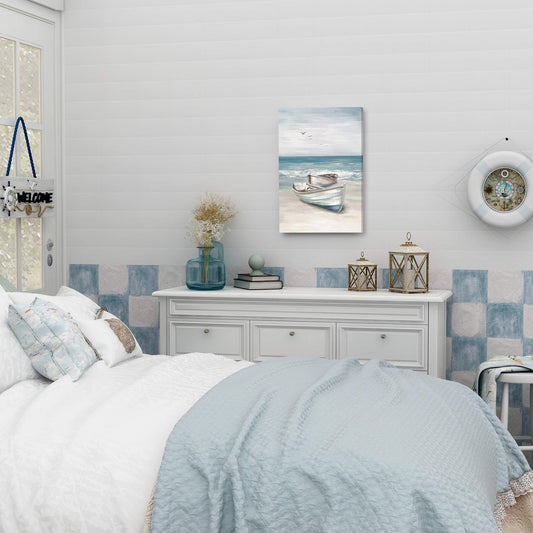 SUMGAR Ocean Wall Art Blue White Sea Canvas Paintings Sandy Beach Pictures Boat Coastal Artwork Framed Seashore Prints Seaside View Home Decor for