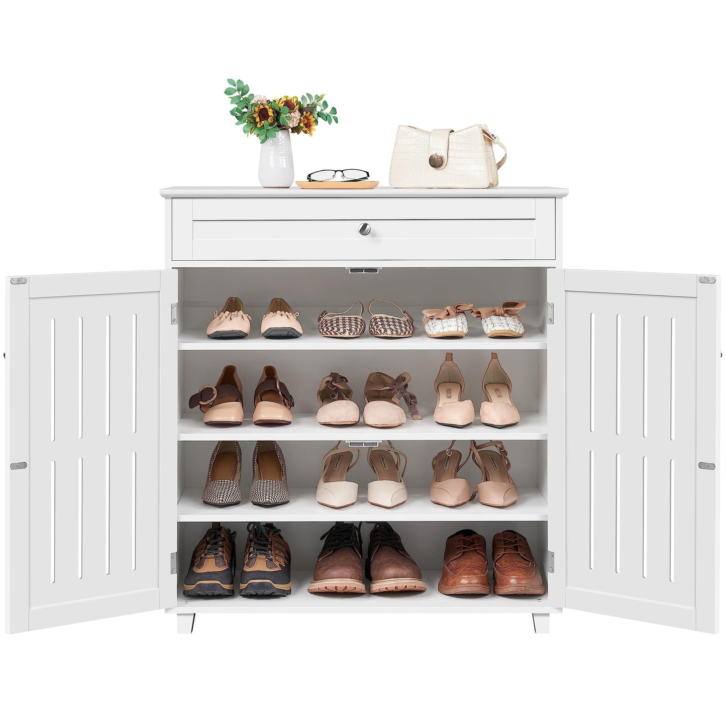 Yaheetech Shoe Cabinet 4-Tier Shoe Storage Organizer with Drawer, White