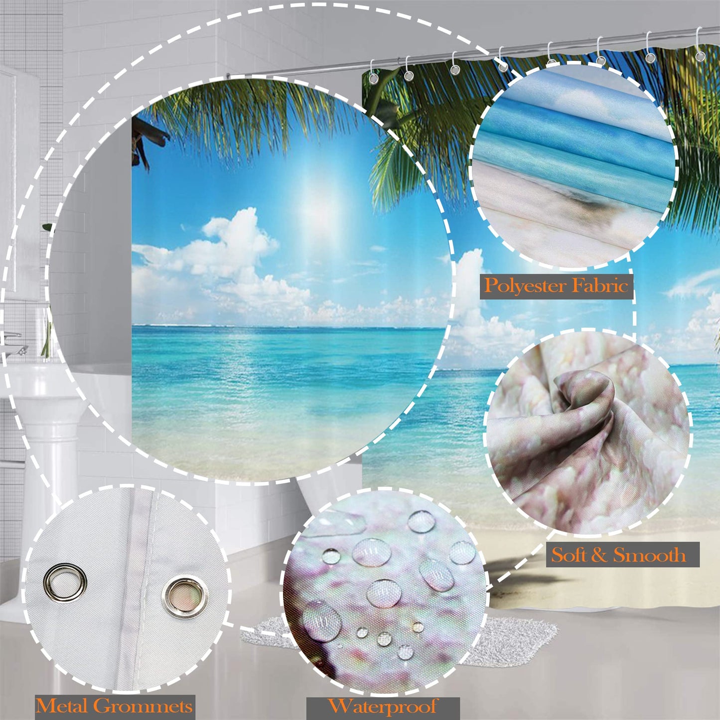 NiCoLa Shower Curtain Beach Scene Curtains for Bathroom Shower with 12 Hooks, 3D Waterproof Shower Curtain