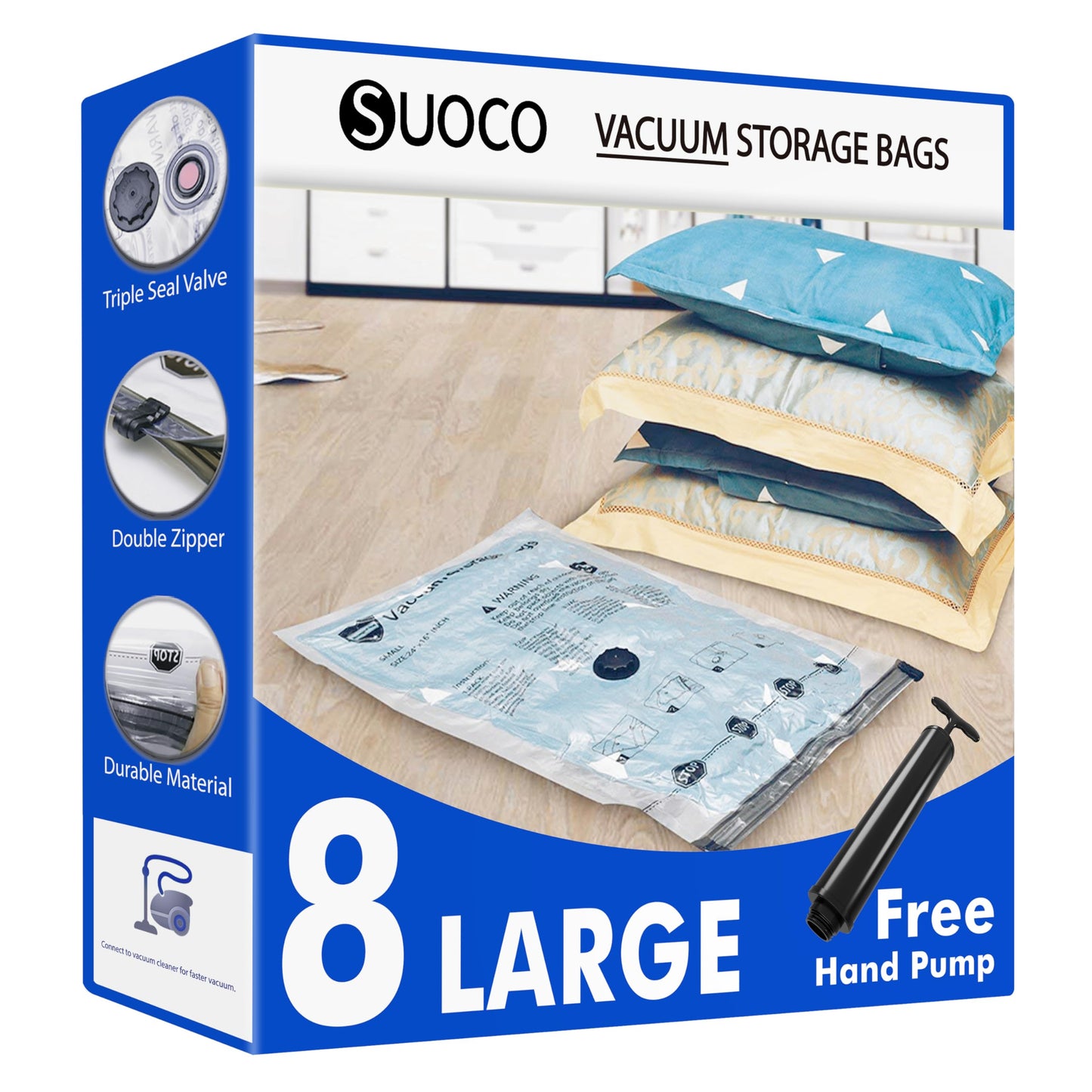 Vacuum Storage Bags 8 Large, Space Saver Bags with Travel Hand Pump, Compression Seal Bags for Clothes, Duvets
