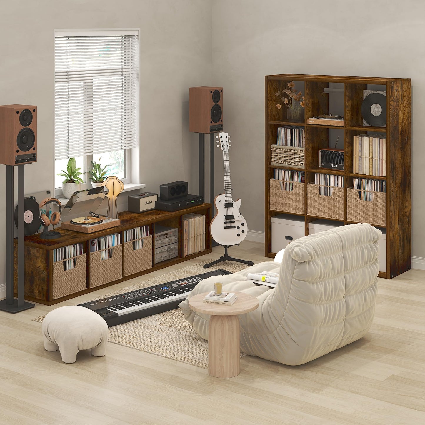 Furinno CUBICLE Record Player Stand with Vinyl Storage, 5-Cube 1.2 Extra Thick Vinyl Record Storage
