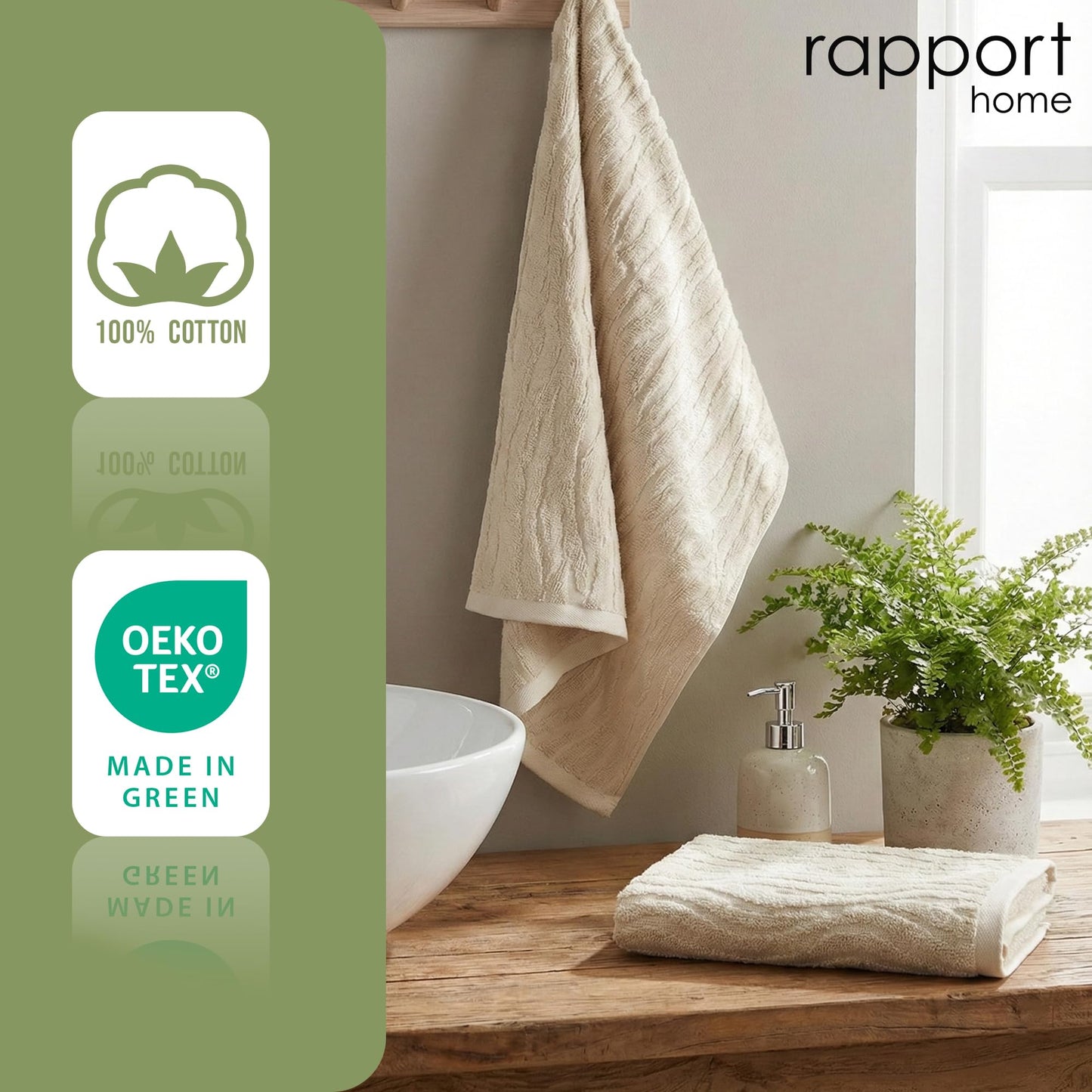 Rapport Home 2-Pack Safari Hand Towels | Natural Sand | 50x85cm 100% Cotton 500GSM | Absorbent & Soft Bathroom Towel Set | Oeko-Tex Certified