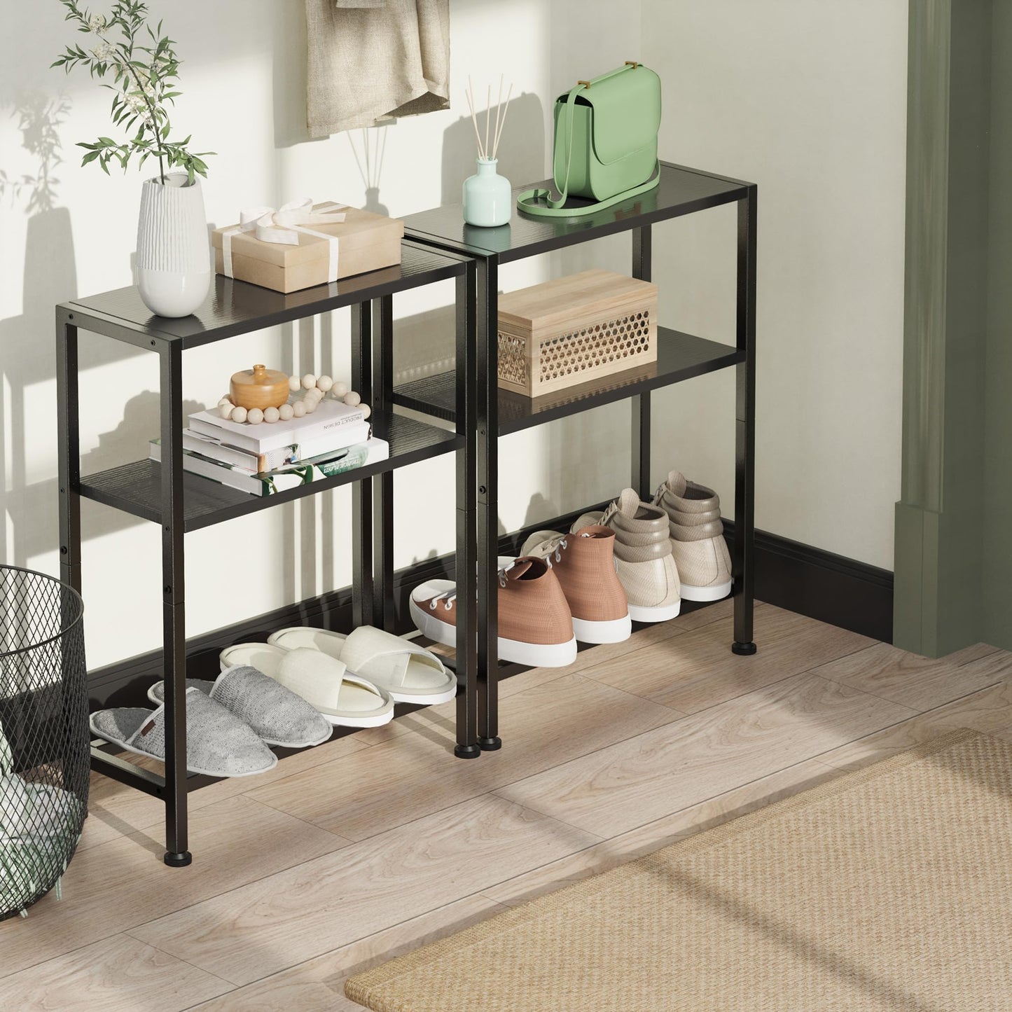 Vantimo Narrow Side Table, 3-Tier Small Shelving Unit, Slim Bedside Table for Small Space, Living Room, Bedroom, Sofa, Couch (Black)