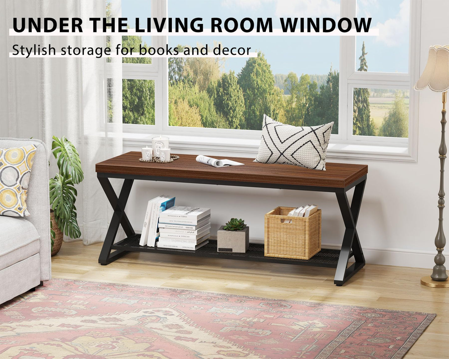 LVB Entryway Shoe Rack with Storage, Wood and Metal Indoor Bench for Entrance, Long Wooden Hallway Bench with Seating for Living Room