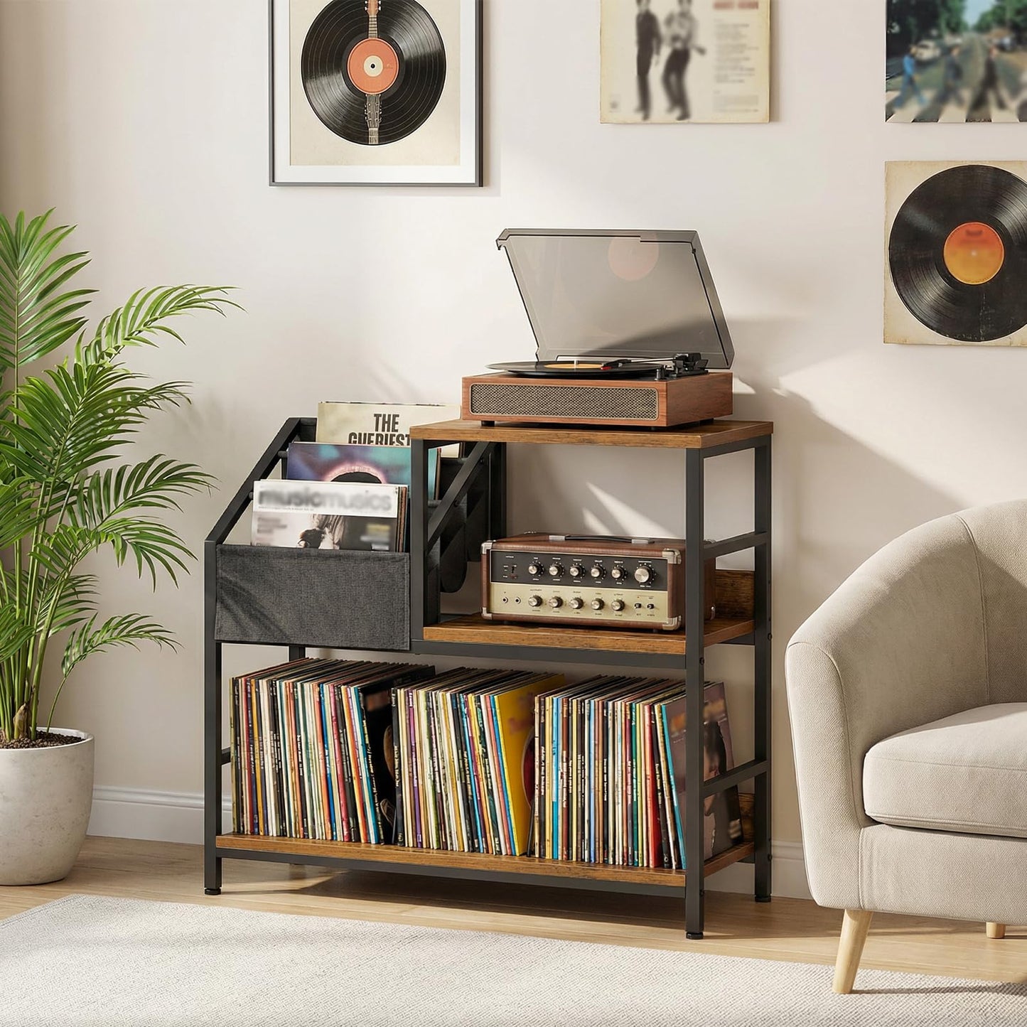 HOOBRO Record Player Stand, Vinyl Record Storage up to 240 Records, Turntable Stand with 3 Oxford Fabric Pockets, for Living Room, Study