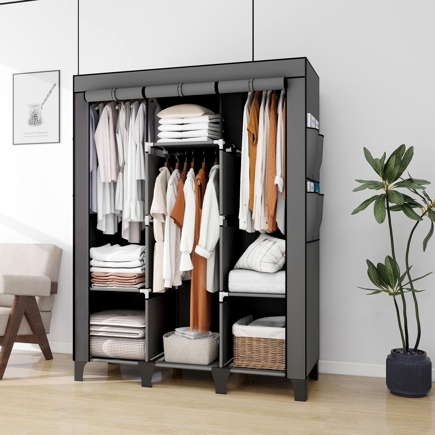 OPPAIYA Canvas Wardrobe, Portable Wardrobe With 3 Hanging Rails, 6 Shelves and 8 Side Bags, 165 * 45 * 125cm Temporary Storage Closet