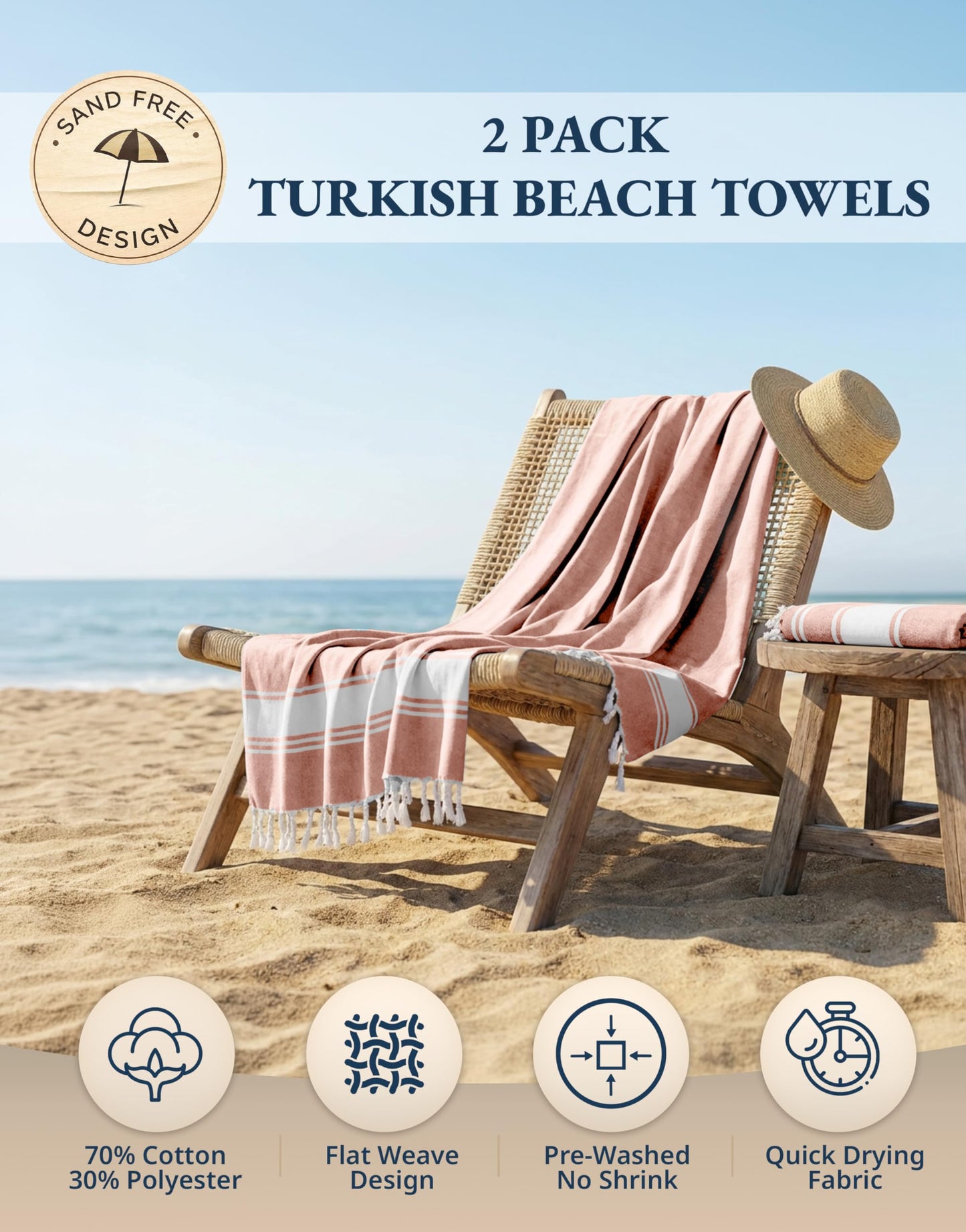 LANE LINEN Turkish Towels, Cotton Rich XL Beach Towel 2 Pack, Pre-Washed, No Shrink, Quick Dry Oversized Beach Towels, Stylish Beach Towel For Women