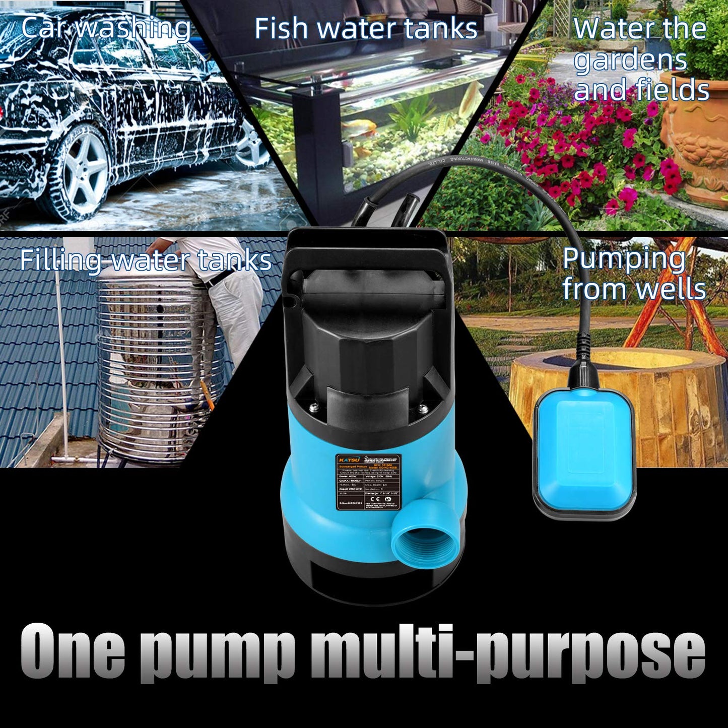 KATSU Garden Submersible Water Pump 400W with 10 Meters 1.1/4" Hose & Quick Coupler Connector