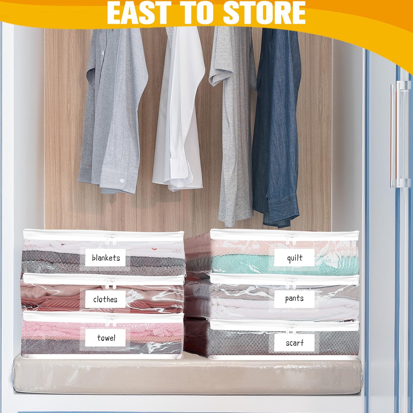 Kikerike Plastic Storage Bags with Easy-Glide Zipper, Pack of 6, Durable Clear Vinyl Zippered Storage Bags for Clothes Sweaters Comforters Blankets