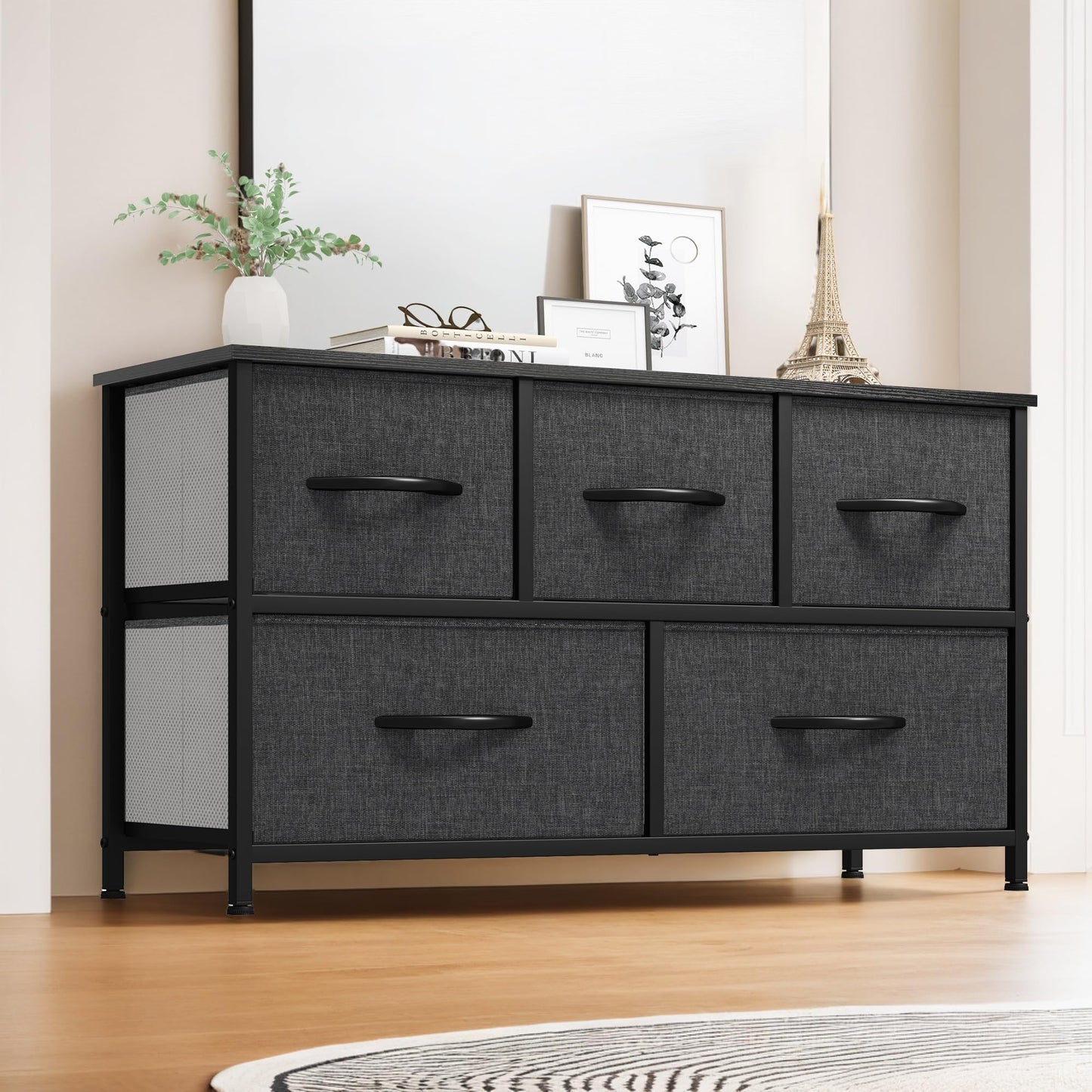 YITAHOME Wide Chest of Drawers with 5 Drawers, Fabric Dressers with Easy Pull Handle,Sturdy Steel Frame,Storage Drawers for Bedroom, Closet, Clothes