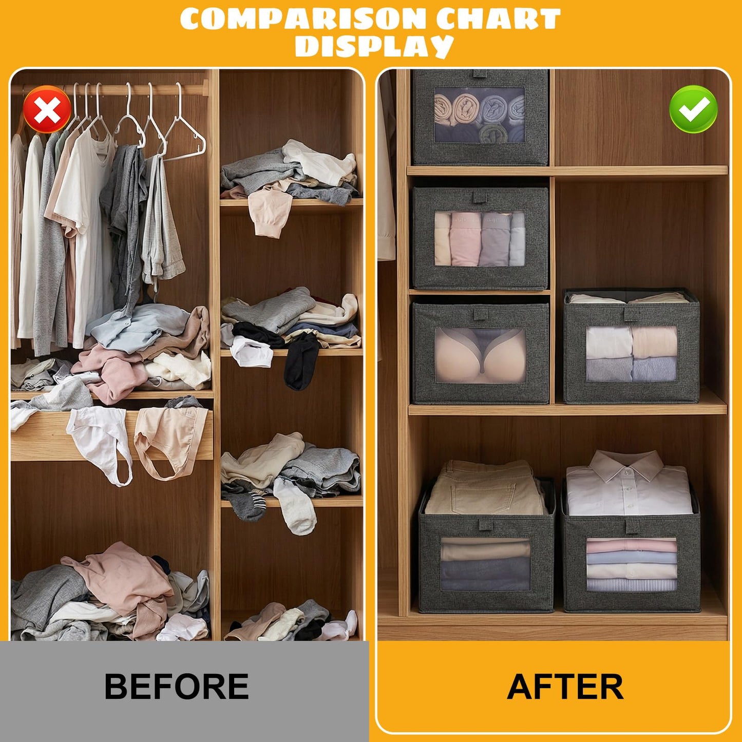 Wardrobe Storage Organiser Foldable - 6Pcs Drawer Organiser Clothes Fabric Storage Boxes Bin with Clear Window Shelf Stackable Clothing Storage Box