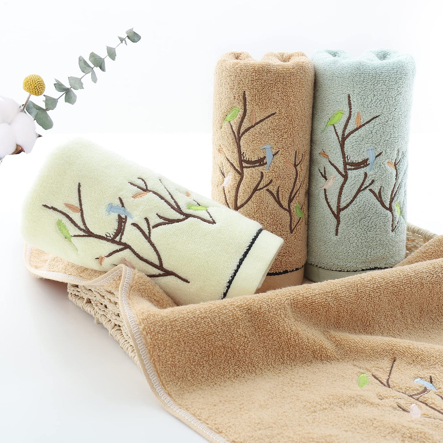 Pidada Hand Towels Set of 4 Embroidered Bird Tree Pattern 100% Cotton Absorbent Soft Decorative Towel for Bathroom 35 x 75 cm (Aqua Green)