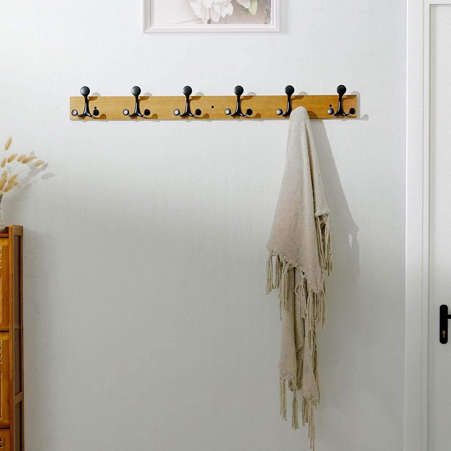 SKOLOO 99cm Light Brown Wood Coat Rack Wall Mount with 6 Triple Hooks - Ideal for Family Entrances, Classrooms, and Pet Supplies Storage