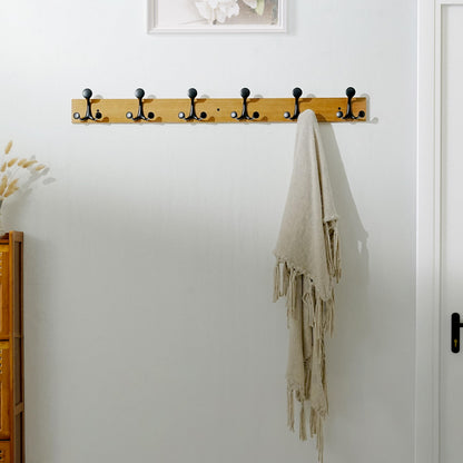 SKOLOO 99cm Light Brown Wood Coat Rack Wall Mount with 6 Triple Hooks - Ideal for Family Entrances, Classrooms, and Pet Supplies Storage
