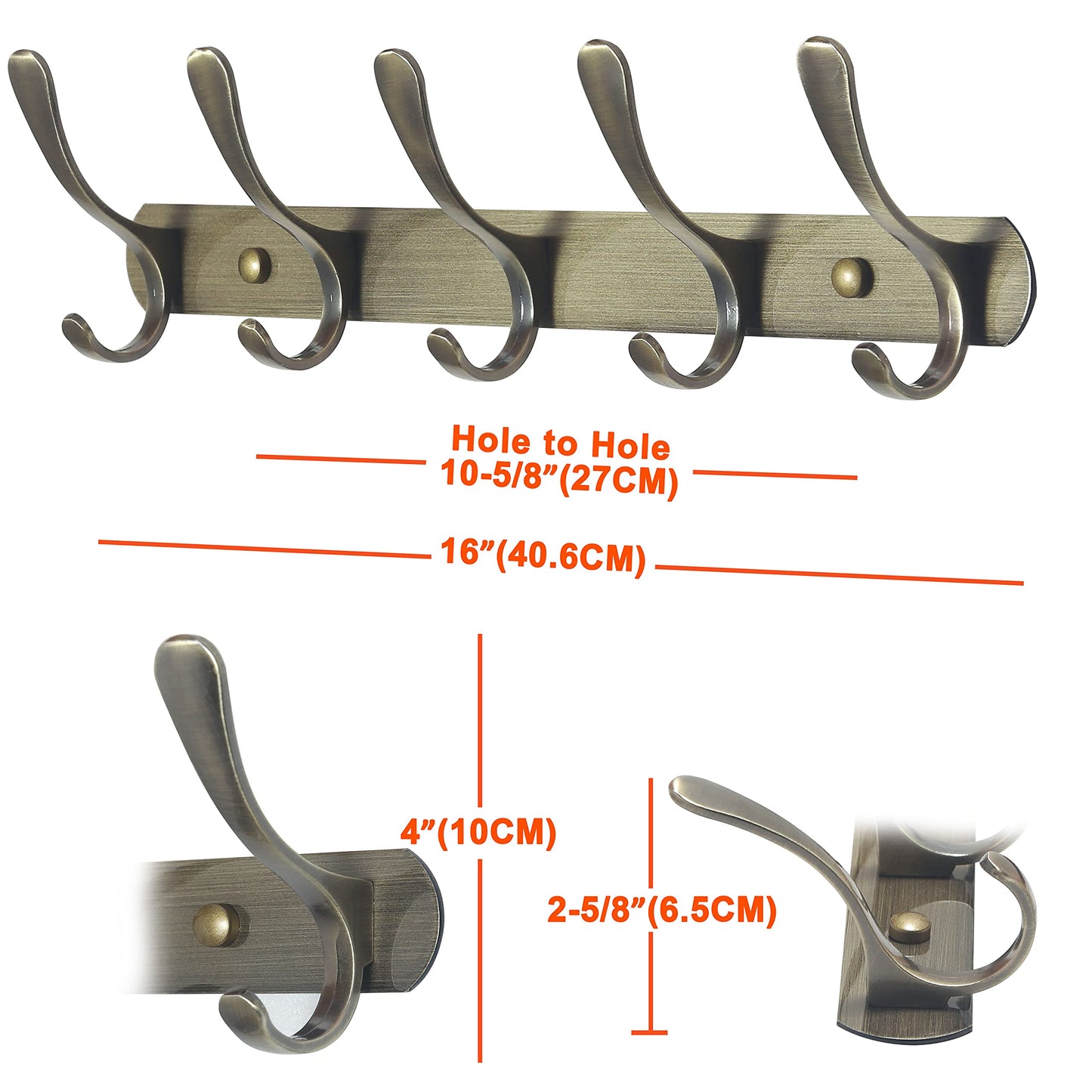 SKOLOO Coat Rack Wall Mount - Modern, Metal Wall Coat Rack with 5 Hooks, Sturdy Wall Hook Rack Rail for Hanging Coat, Jacket, Clothes, Hat, Bronze