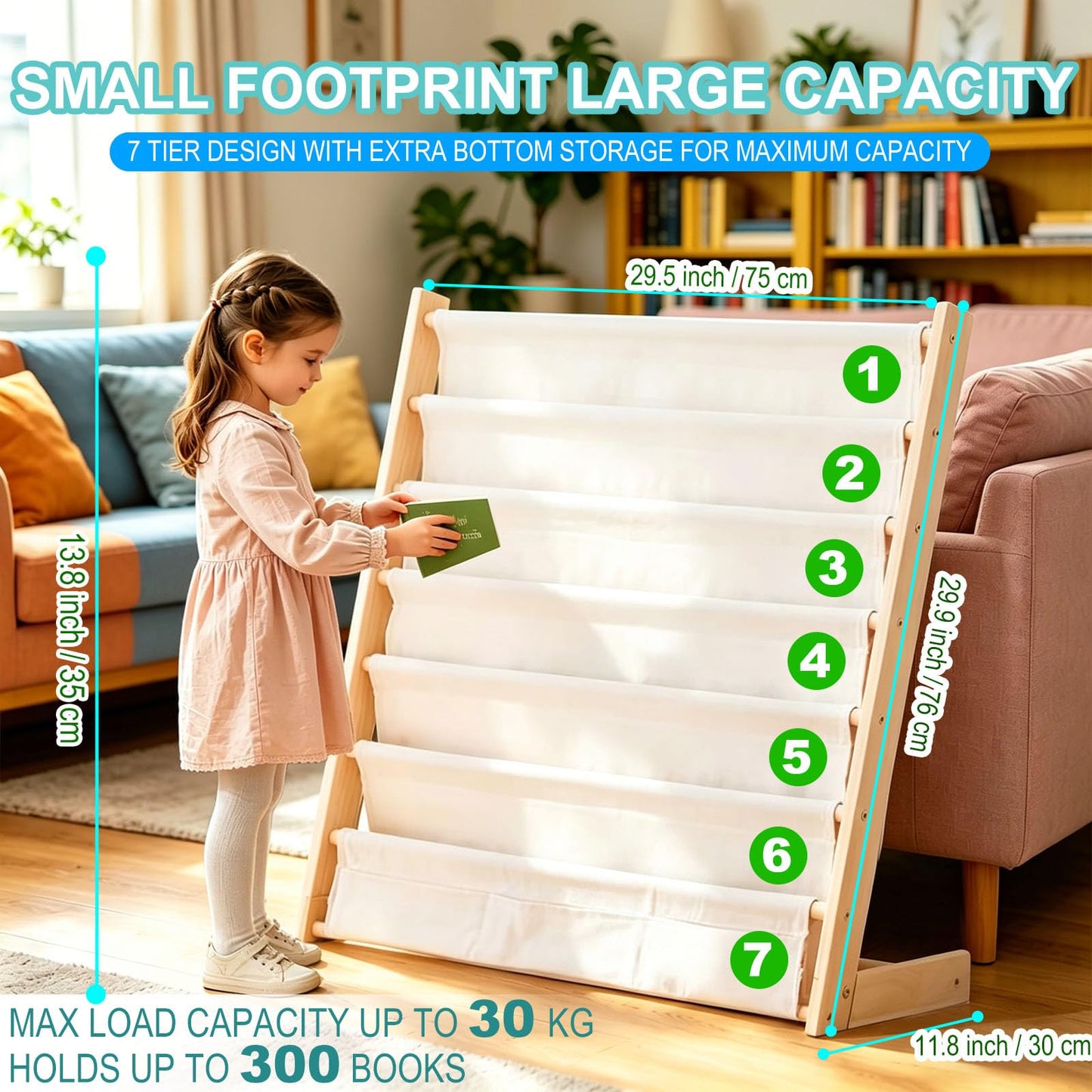 NCEDNㅤ Upgraded 7-Tier Kids' Bookshelf - Wooden Children’s Bookcase Storage Rack with Sling Pockets, Easy Access Book Display Shelf for Toddler