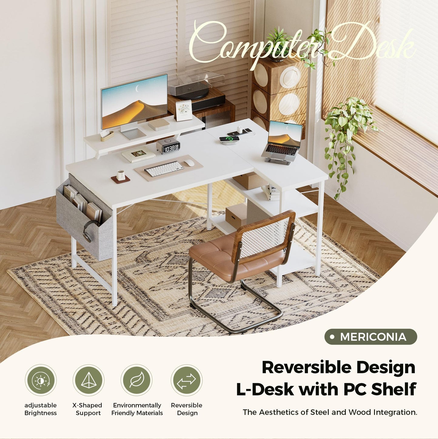 Mericonia Corner Desk, w. Monitorstand & Built-in Socket, 100x70cm, White