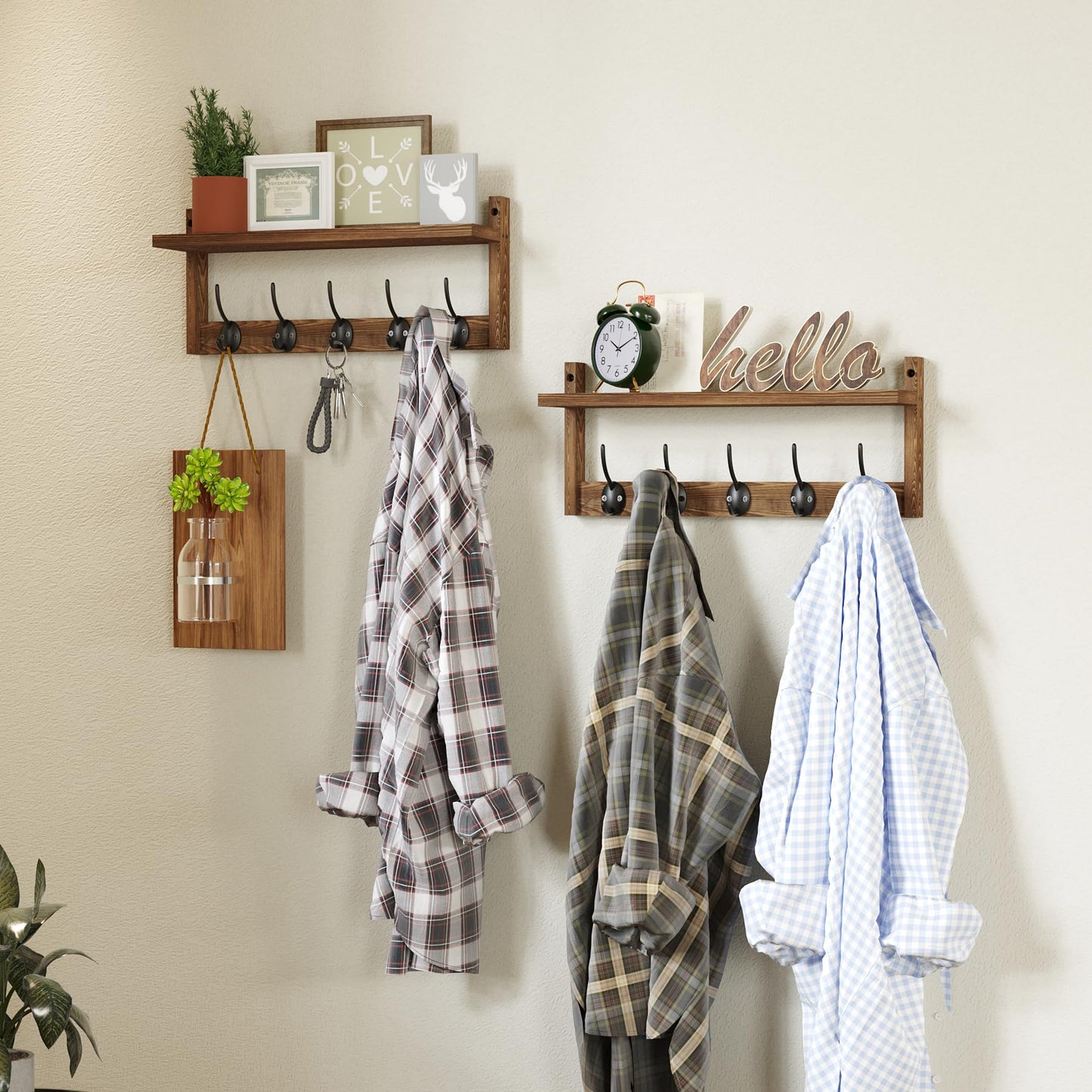 AMBIRD 87cm Wooden Extra-Long Wall Hook Rack with Shelf - Stylish and Versatile Wall-Mounted Storage Solution - 10 Hooks for Hanging Coats, Hats