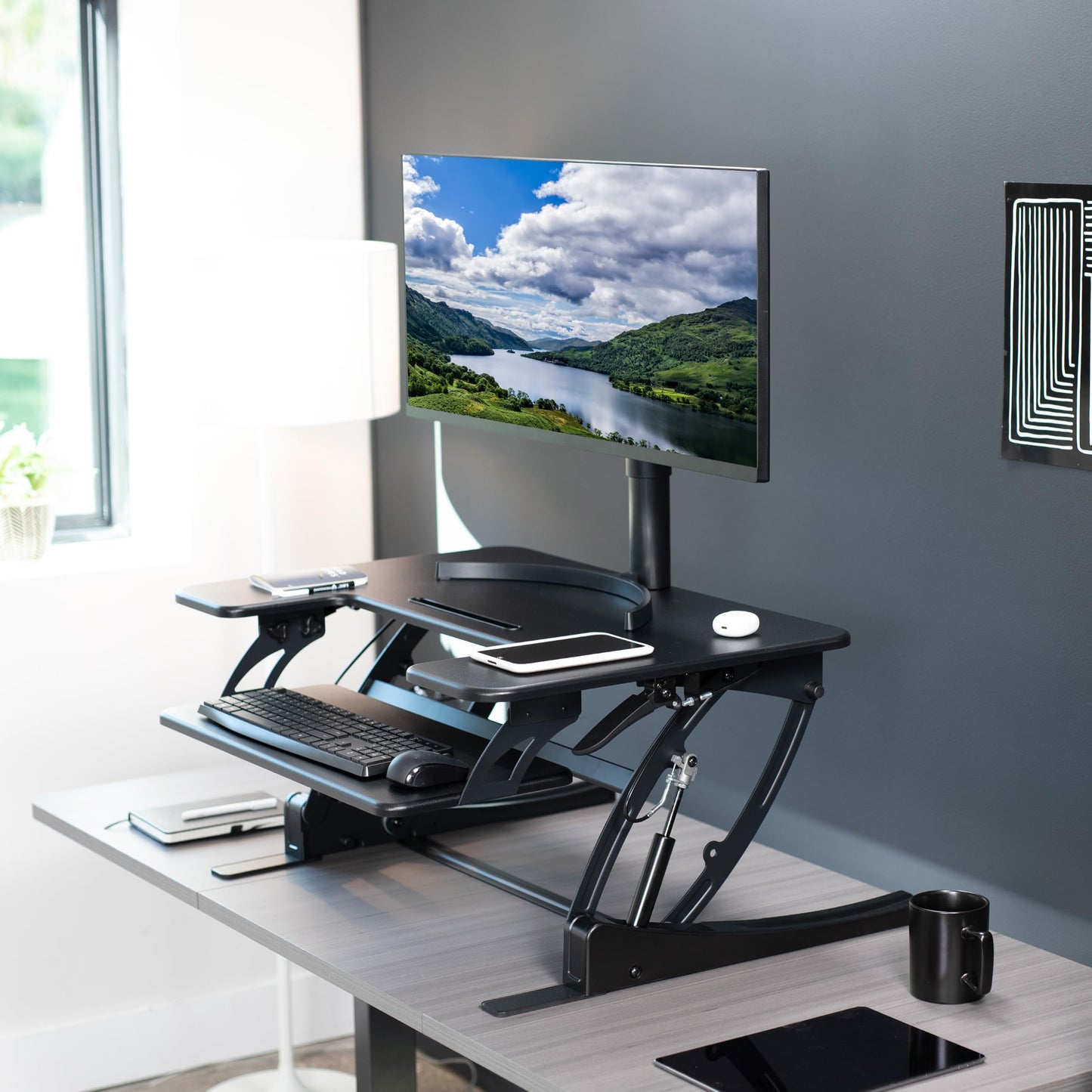 VIVO Black Height Adjustable 81 cm Stand Up Desk Converter, Quick Sit to Stand Tabletop Dual Monitor Riser Workstation, DESK-V000VS