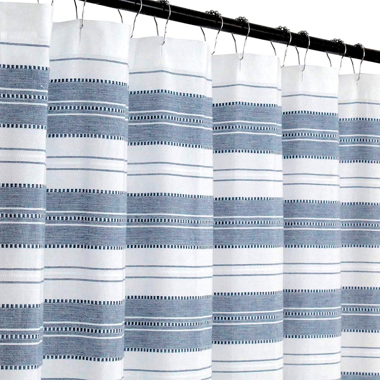 Serafina Home Nautical Chambray Blue and White Fabric Shower Curtain: Cotton Luxury Hotel Stripe with Detailed Eyelet Decorative Weave (Navy)