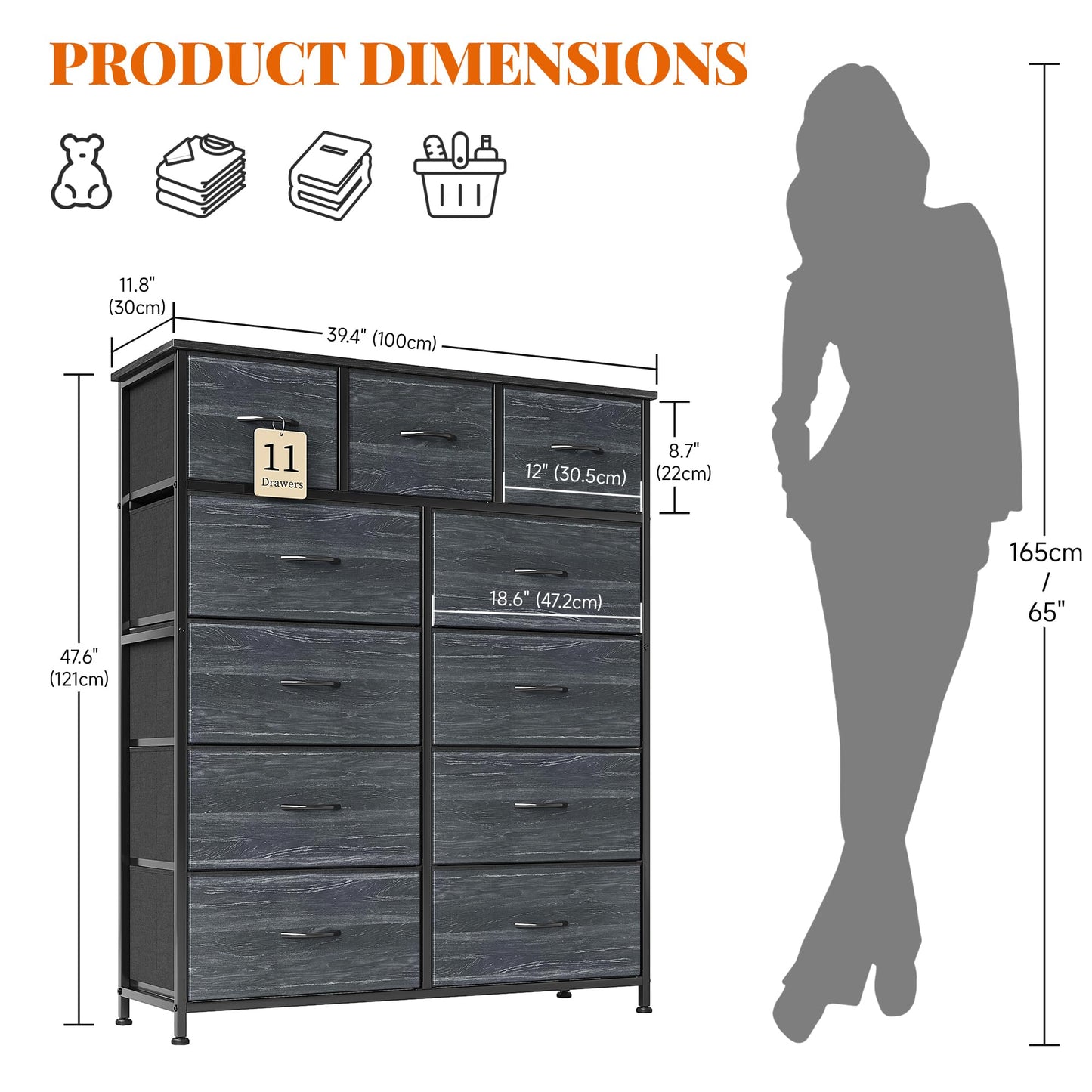 Flrrtenv Chest of Drawer with 11 Drawers, Modern Bedroom Cabinte, Fabric Drawers with Wooden Top, Sturdy Metal Frame, Tall Black Hallway Storage Unit