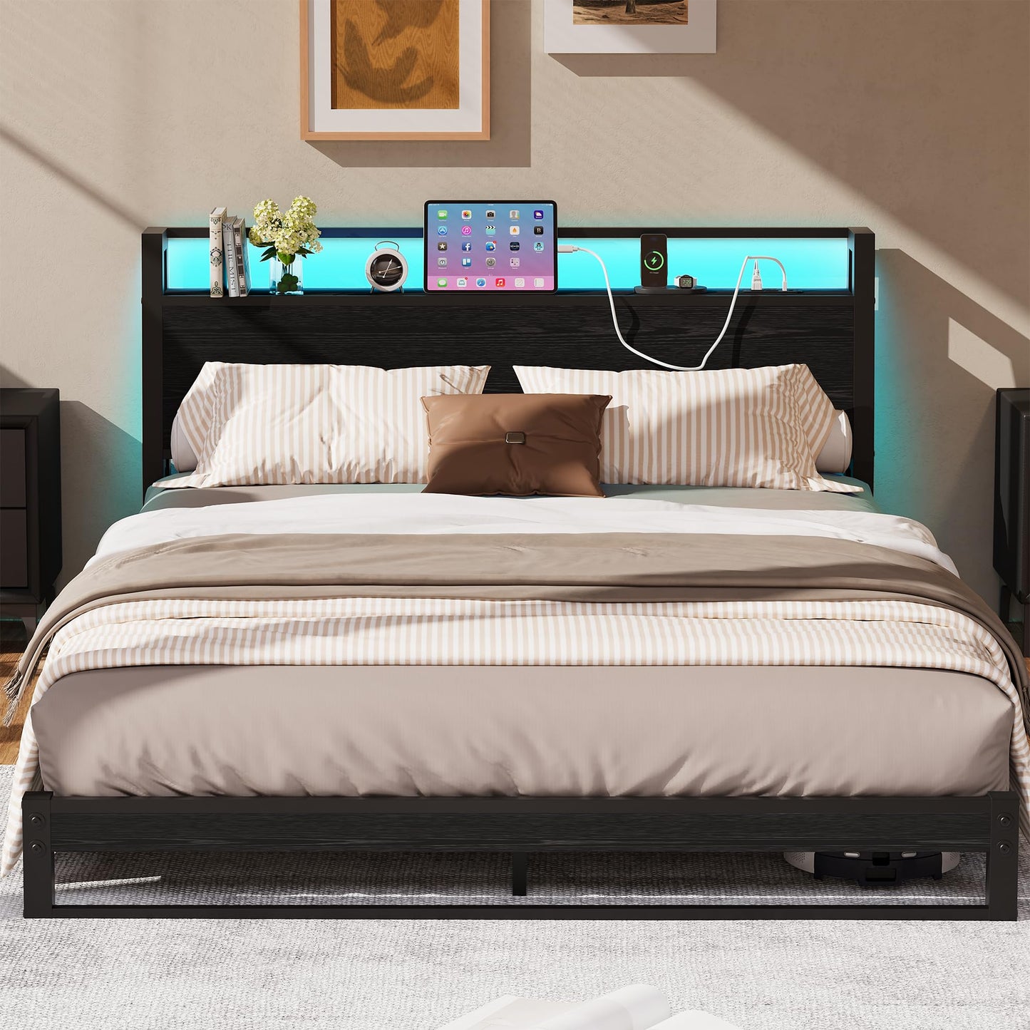 MUZERUL King Size Bed Frame with Ergonomic Storage Headboard and LED,Metal Platform Low Bed Frame King Size 5ft,Kingsize Floor Bed Base with Charging