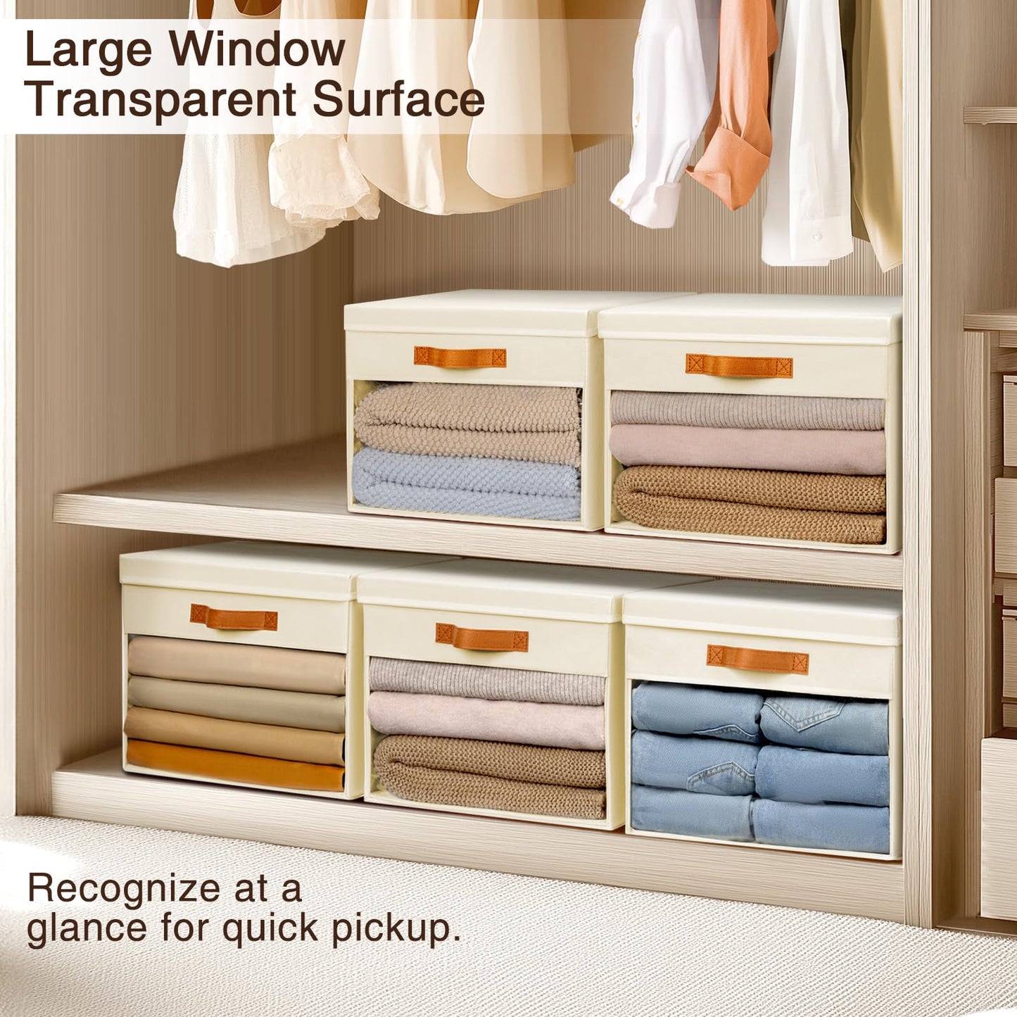 Homsorout 3 Pack Fabric Storage Boxes with Lids & Clear Windows Beige 22L