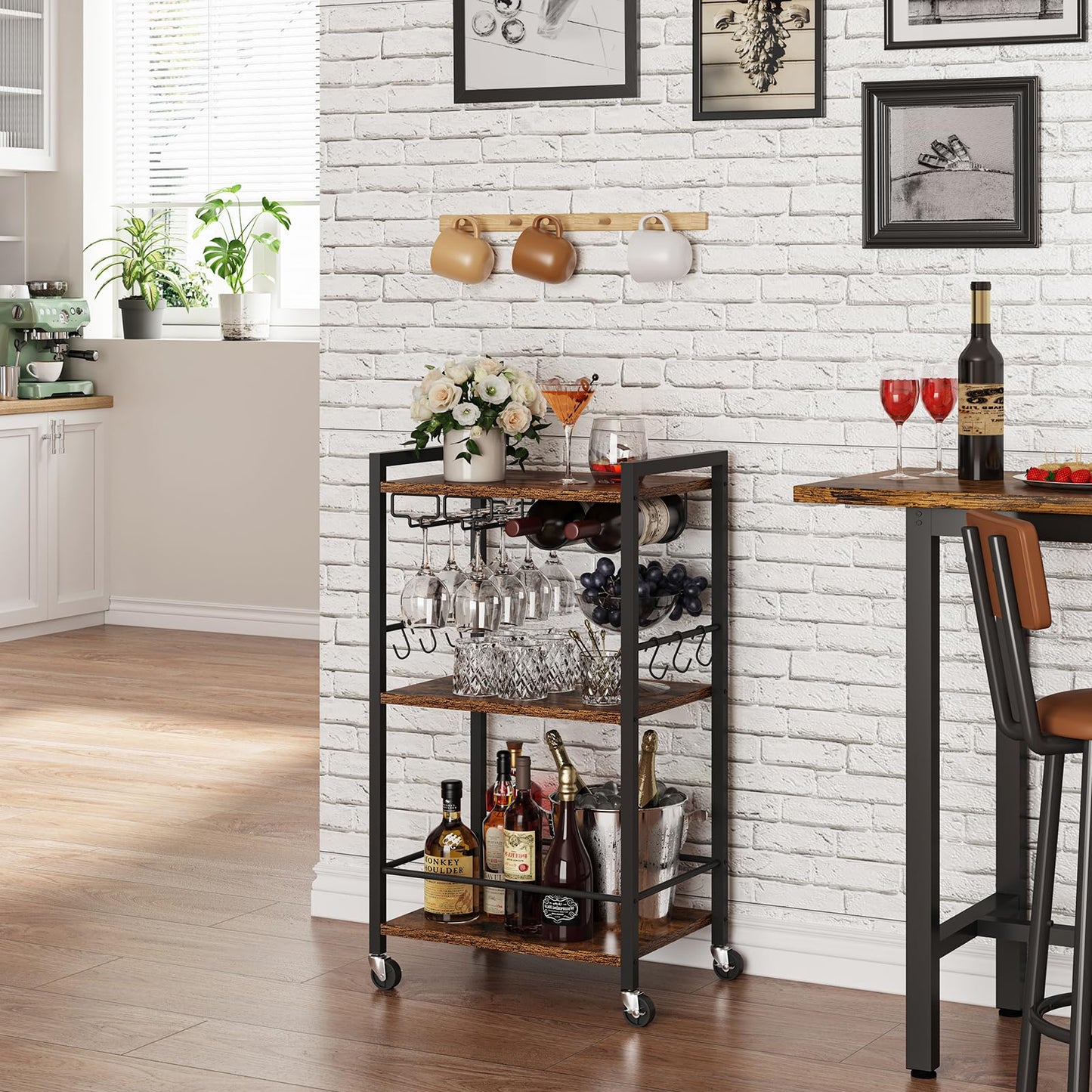 TUTOTAK Drinks Trolley, Bar Cart with 3-Tier Shelf, Serving Trolley with Wine Rack, Glass Holder, Rolling bar cart for the Home, Living Room