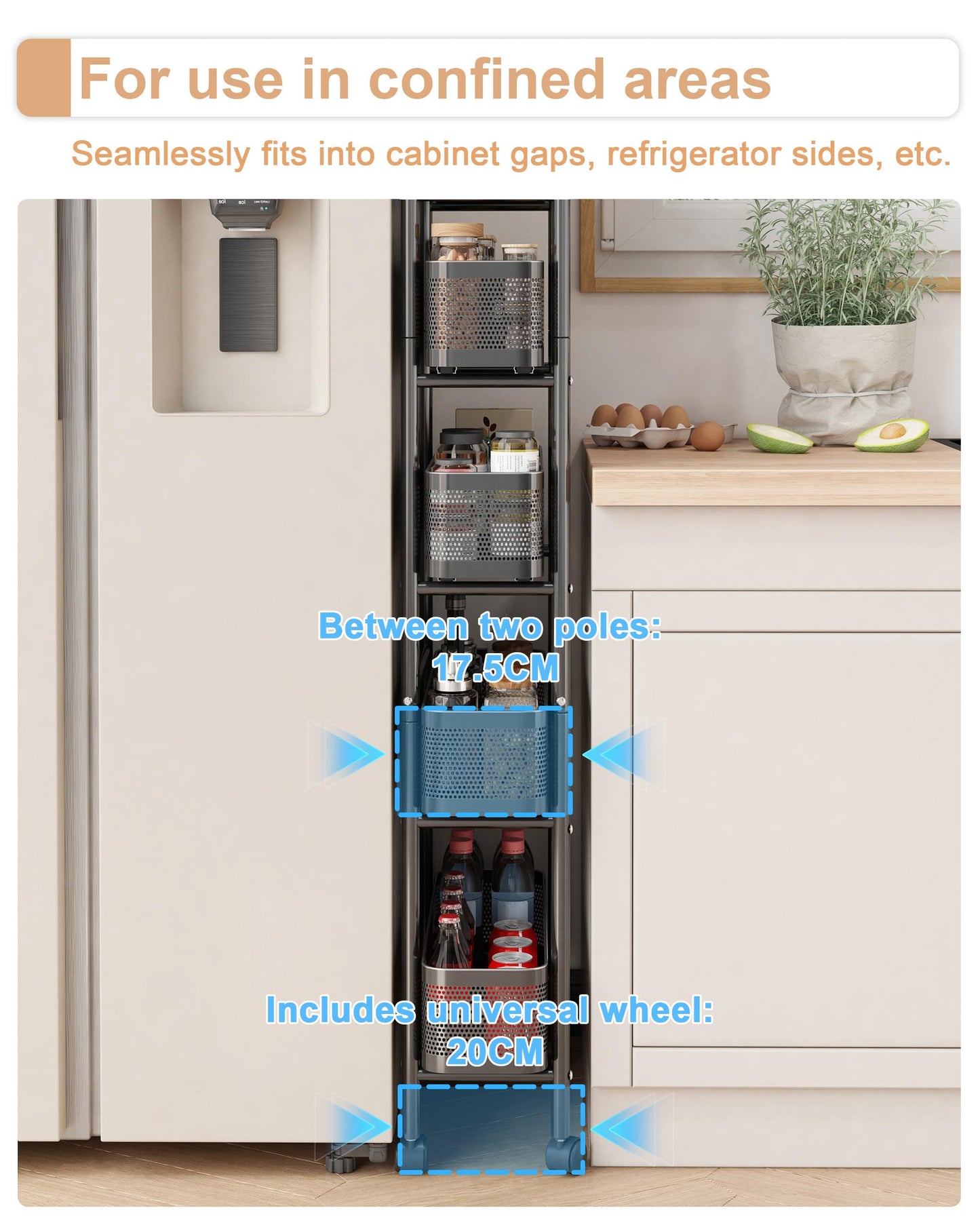 UMDONX Metal Kitchen Trolley with Pull out Drawer Basket Narrow 5 Tier
