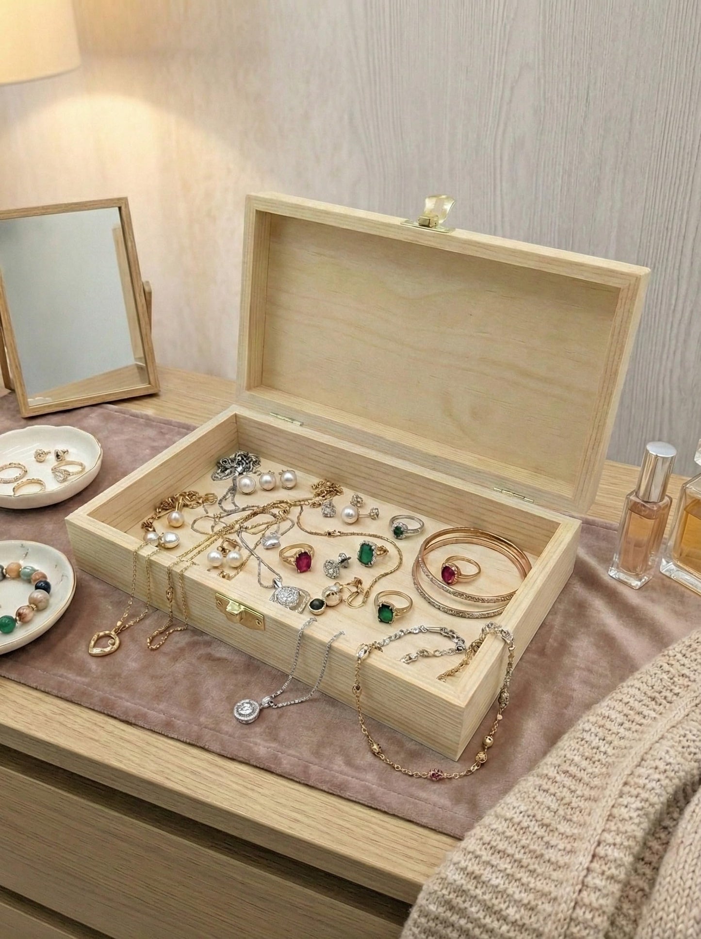 Laser Amore Wooden Box with Hinged Lid & Latch (19x11.5x3.5cm) – Small Pine Storage Box for Photo Prints, Memory Keepsake, Art Pencils, or Stash Box