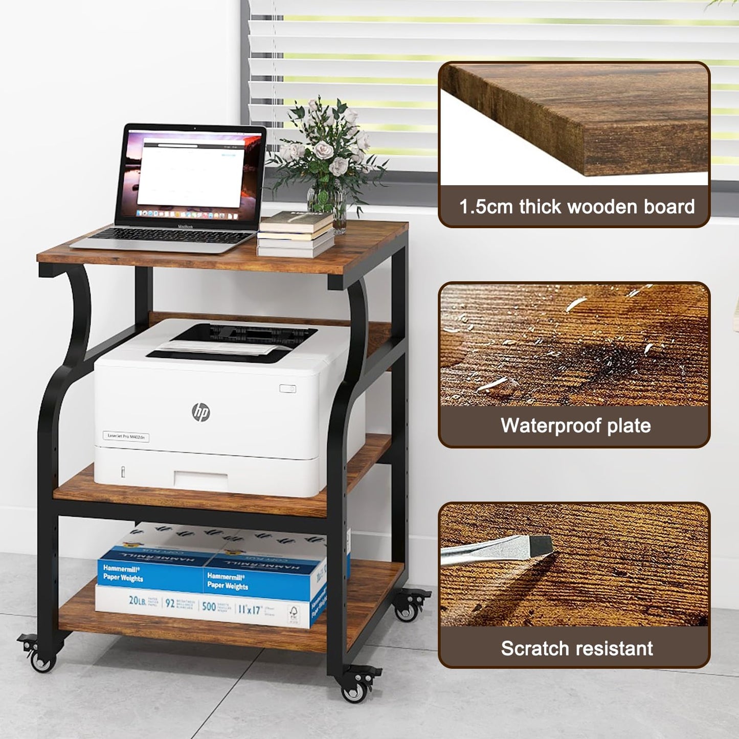 PUNCIA 3-Tier Movable Printer Stand Table with Storage for Home Office