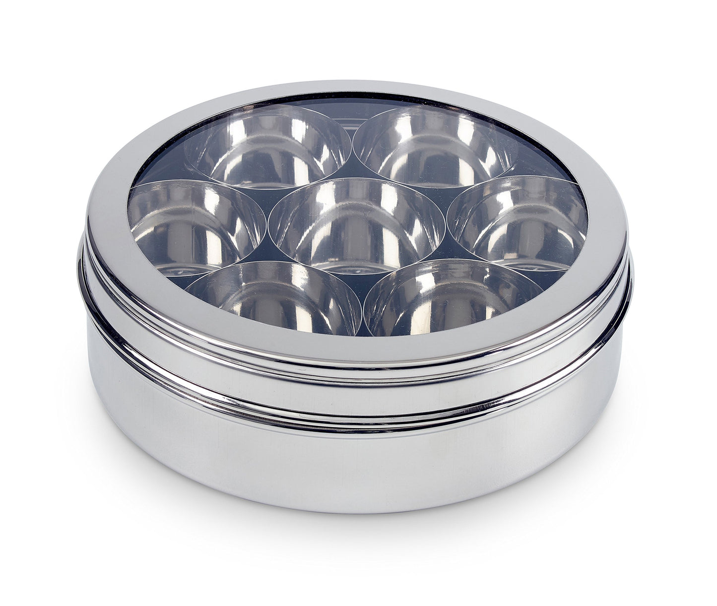 Zinel 7203 Stainless Steel Spice Box/Masala Dabba with 7 Comparments and Transparent Lid, 22cm, 22 cm , Silver