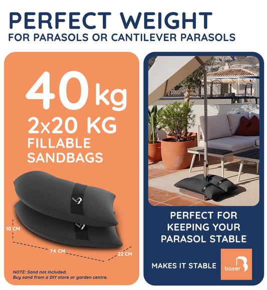 Baser - Outdoor fillable curved sandbags, 2 x 20 KG fillable weight bags for parasols, cantilevers and garden accessories
