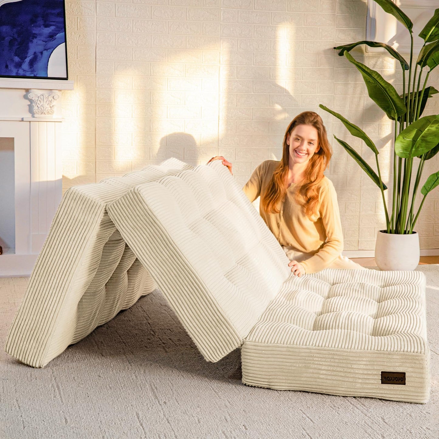 MAXYOYO Folding Mattress, Comfy Corduroy Foldable Mattress with 15cm Thicken Foam, Tri-Fold Floor Futon Sofa Bed for Guest,Off-white,Double