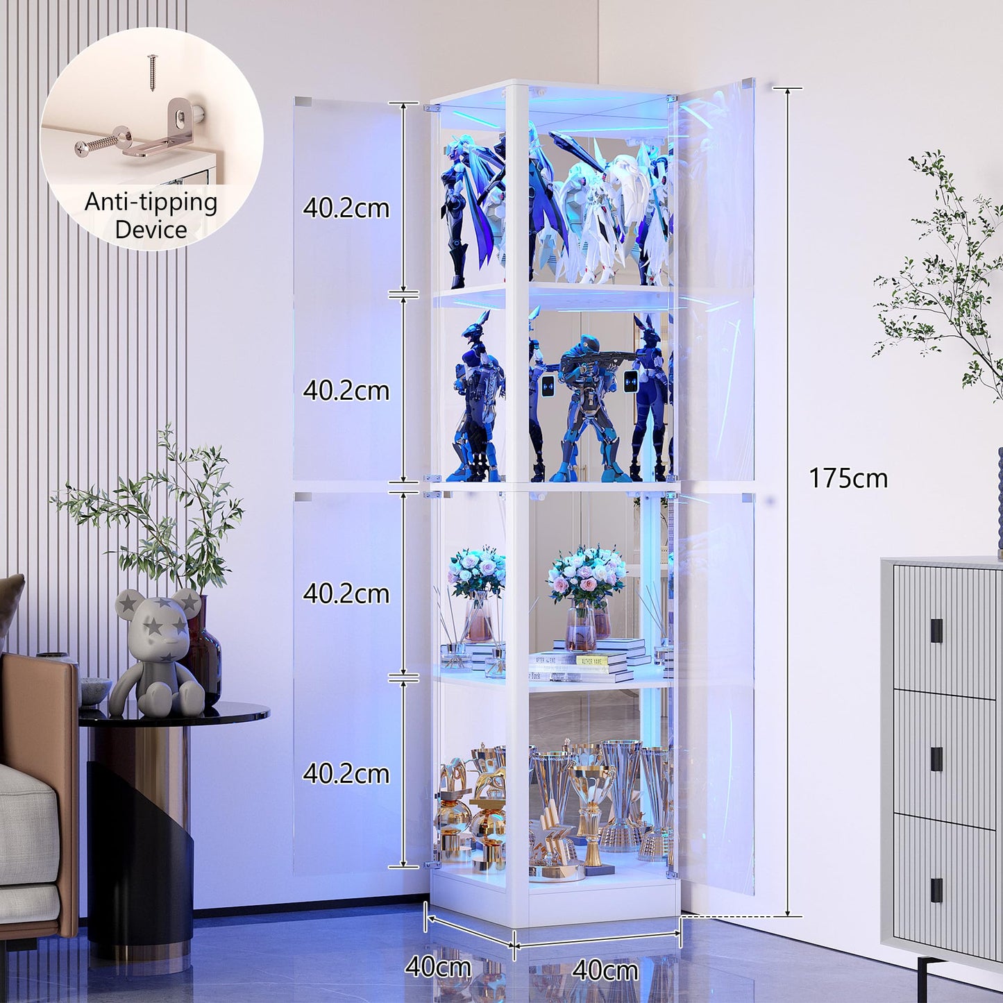 FREDEES Corner Display Cabinet with Glass Doors, 175cm, White