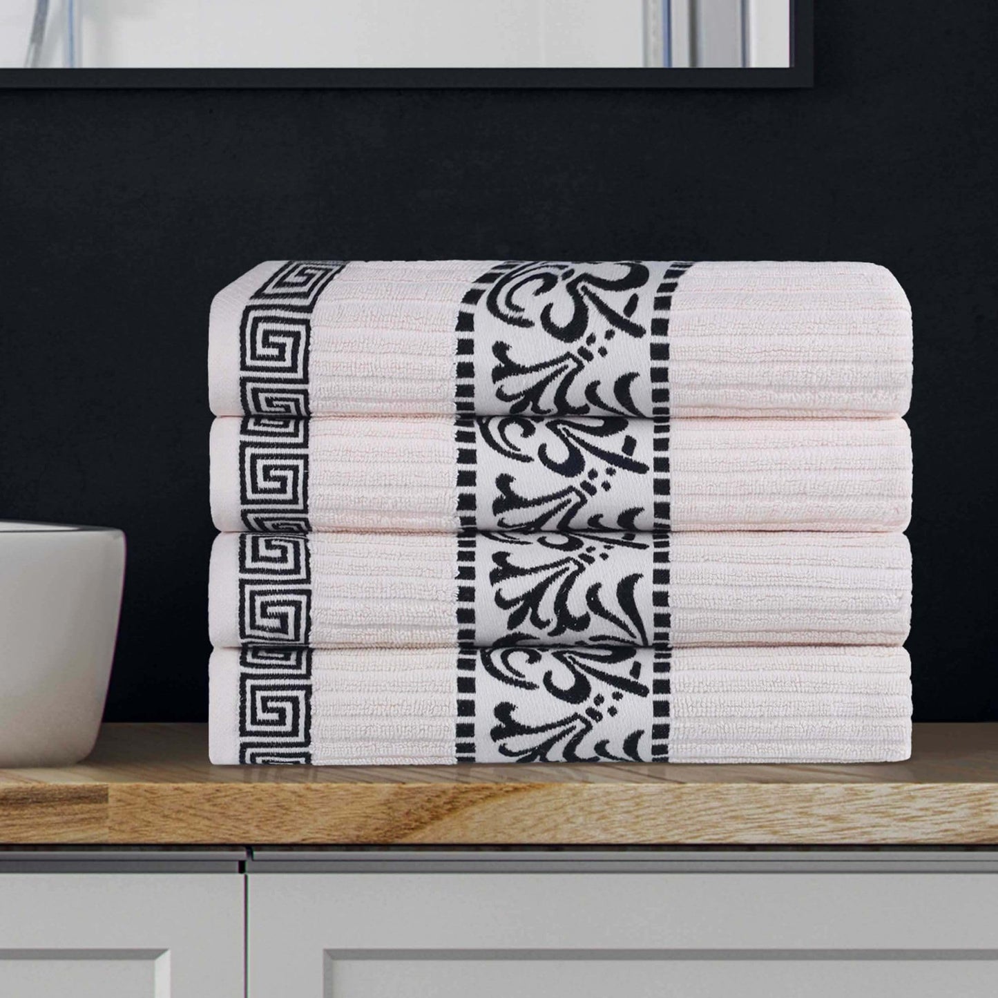 Superior Decorative 4-Piece Bath Towel Set, Greek/Floral Decor for Bathroom, Guest Bath, Spa, Household Essentials, Premium Absorbent Cotton