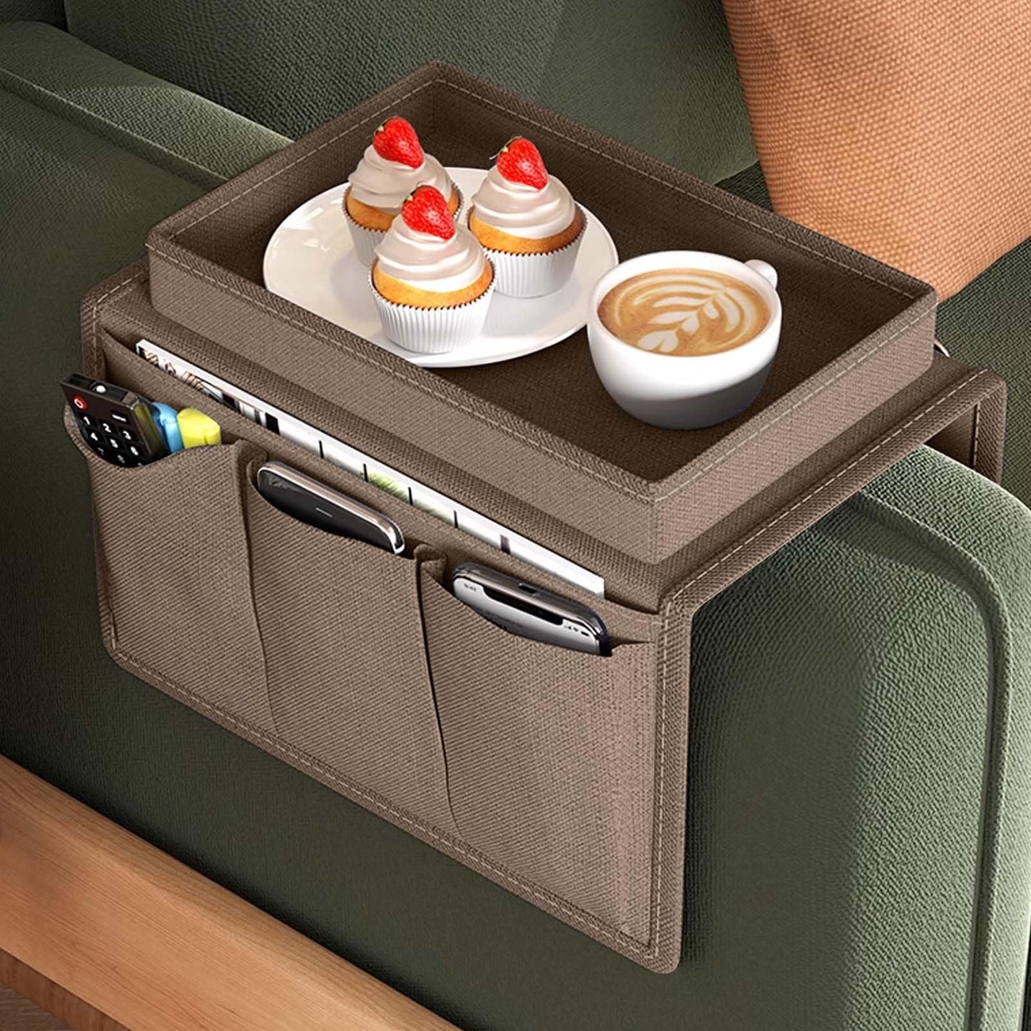 Sofa Armrest Organizer, Couch Caddy Arm Hanging Storage Bag With Cup Holder Tray, Anti-slip Armchairs Bedside Caddy Pouch Sofa Tidy Table for TV
