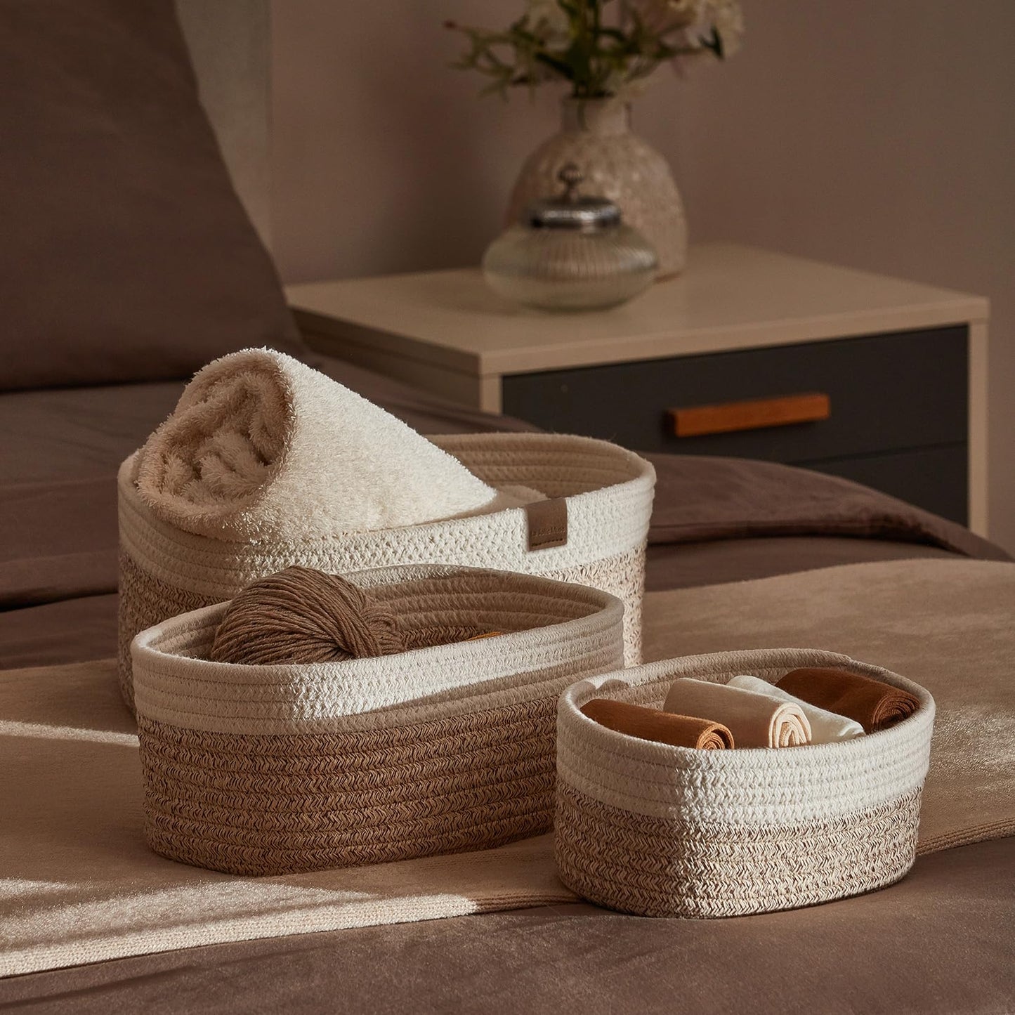 LA JOLIE MUSE Small Cotton Woven Storage Baskets, White & Desert, 3 Pack