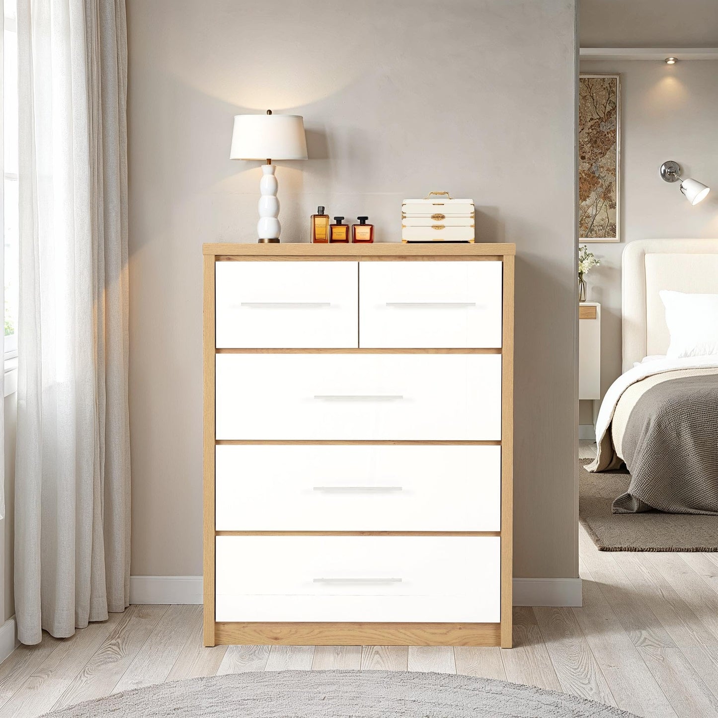 Seconique Seville 3+2 Drawer Chest in White Gloss/Light Oak Effect Veneer