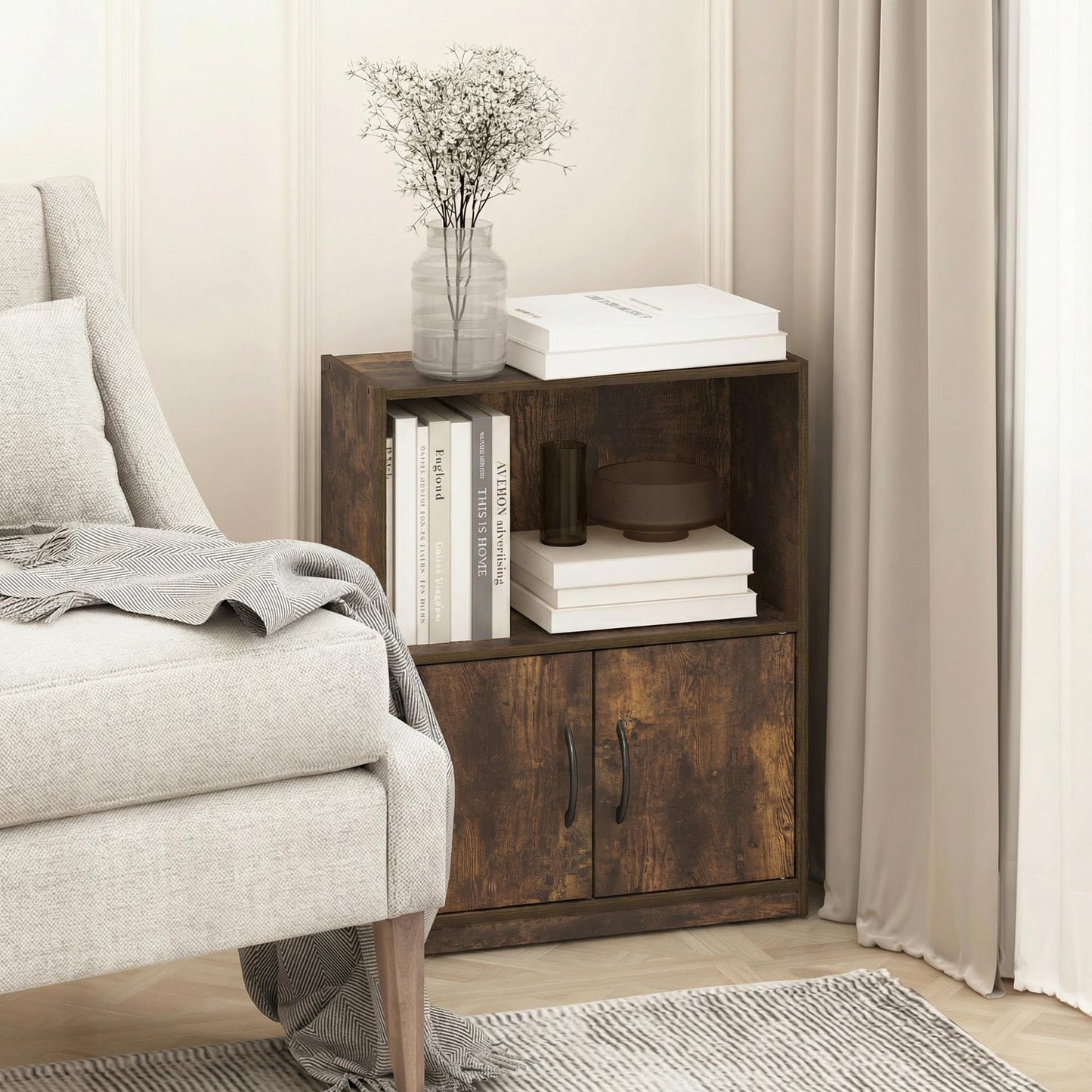 Furinno GRUEN Book Shelf, 2-Tier Small Bookshelf, Bookcase with Open Shelf and Doors Storage Cabinet, 23.6 x 55.4 x 68.6 cm, for Living Room, Bedroom