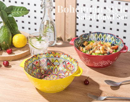 Salad Bowl with Handle, Large Porcelain Serving Bowls Set of 2-49 Oz, 1450ml Bohemian Ceramic Bowl for Ramen/Soup/Fruit/Salad, Colourful Bowl Set -