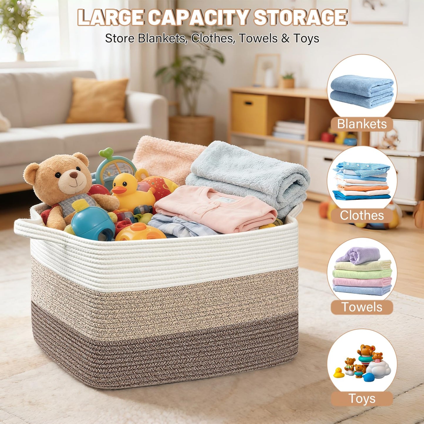 FANGCCC Large Storage Basket 55 x 43 x 30.5 cm, Cotton Rope Blanket Basket with Handles, Woven Storage Basket for Laundry, Clothes and Toy Storage