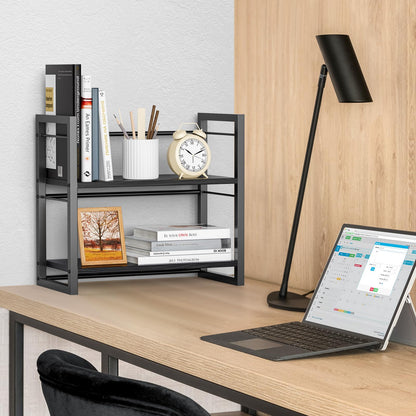 THYGIFTREE Office Desk Shelf Organizer, Wood Desktop Bookshelf Supplies Storage Rack, Shelf for Top of Desk and Dresser All Black
