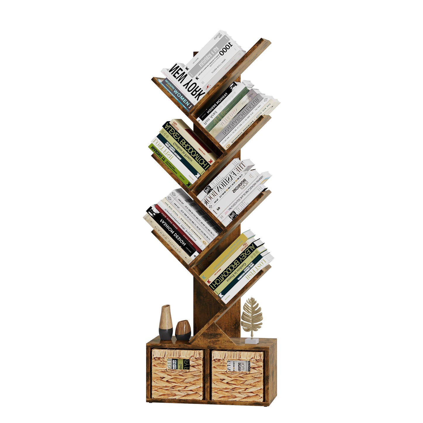 Vagusicc 6 Tier Tree Bookshelf with 2 Storage Baskets, Tall Display Shelf Organizer for Books, Magazines, Home Decor