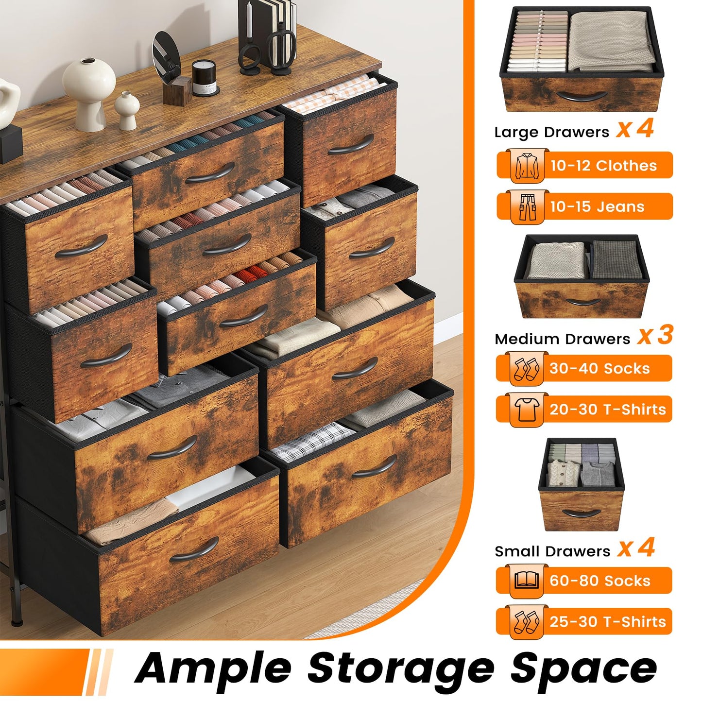 Feonase Chest of Drawers,Bedroom Tall Dresser with 11 Fabric Drawers, Metal Frame & MDF Wood Top, Adjustable Feet, Storage Organizer Unit for Bedroom